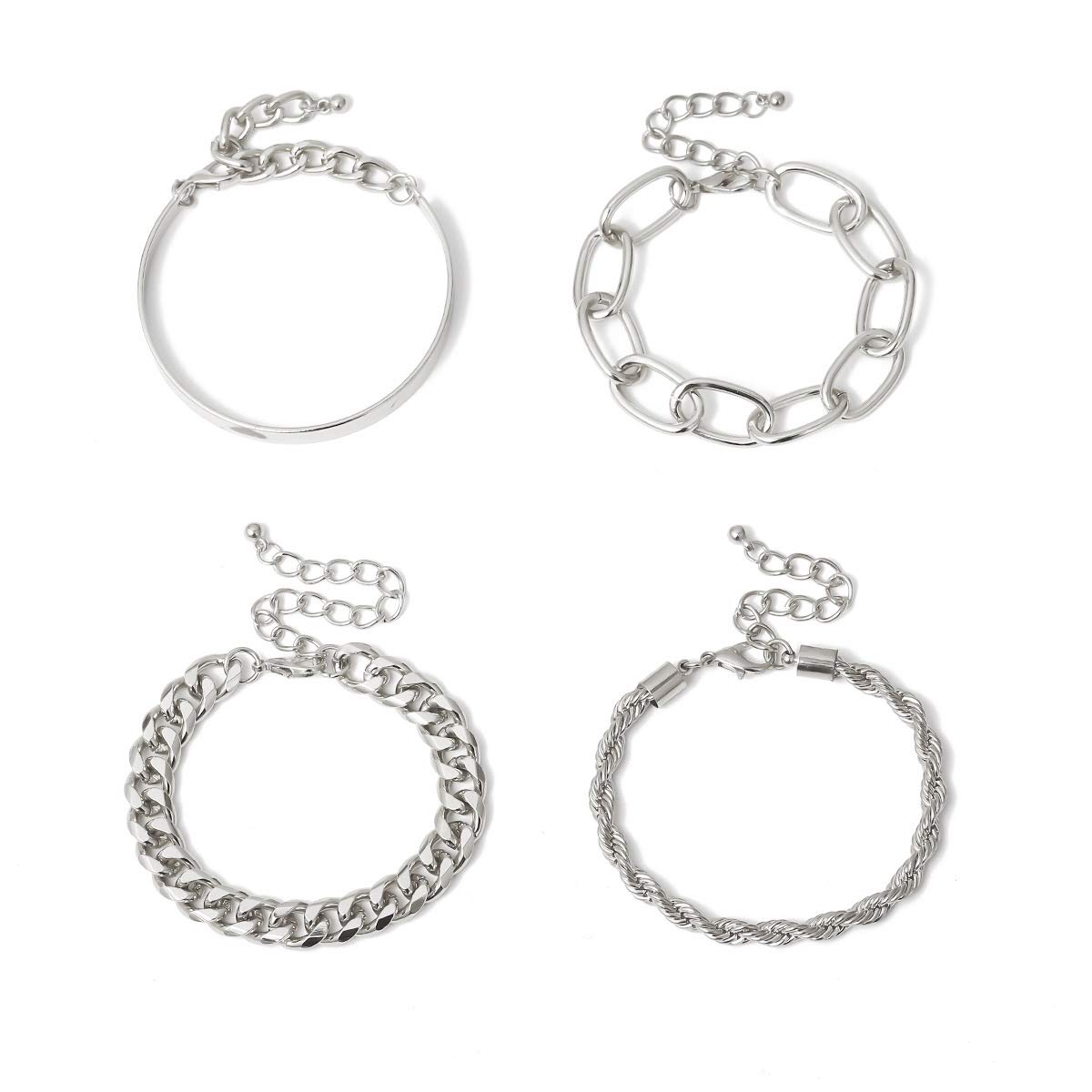 fxmimior Dainty Boho Gold Silver Chain Bracelets Set for Women Adjustable Fashion Beaded Chunky Flat Cable Chain Punk Bracelets Jewelry for Women Girls Gift Set of 4 (Silver) - Image 3